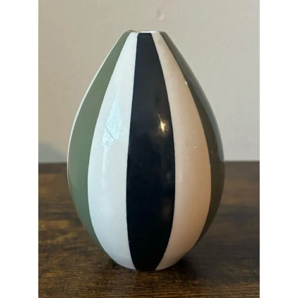 Petite Early  Small Vintage Jonathan Adler Black & Green  Stripped Vase